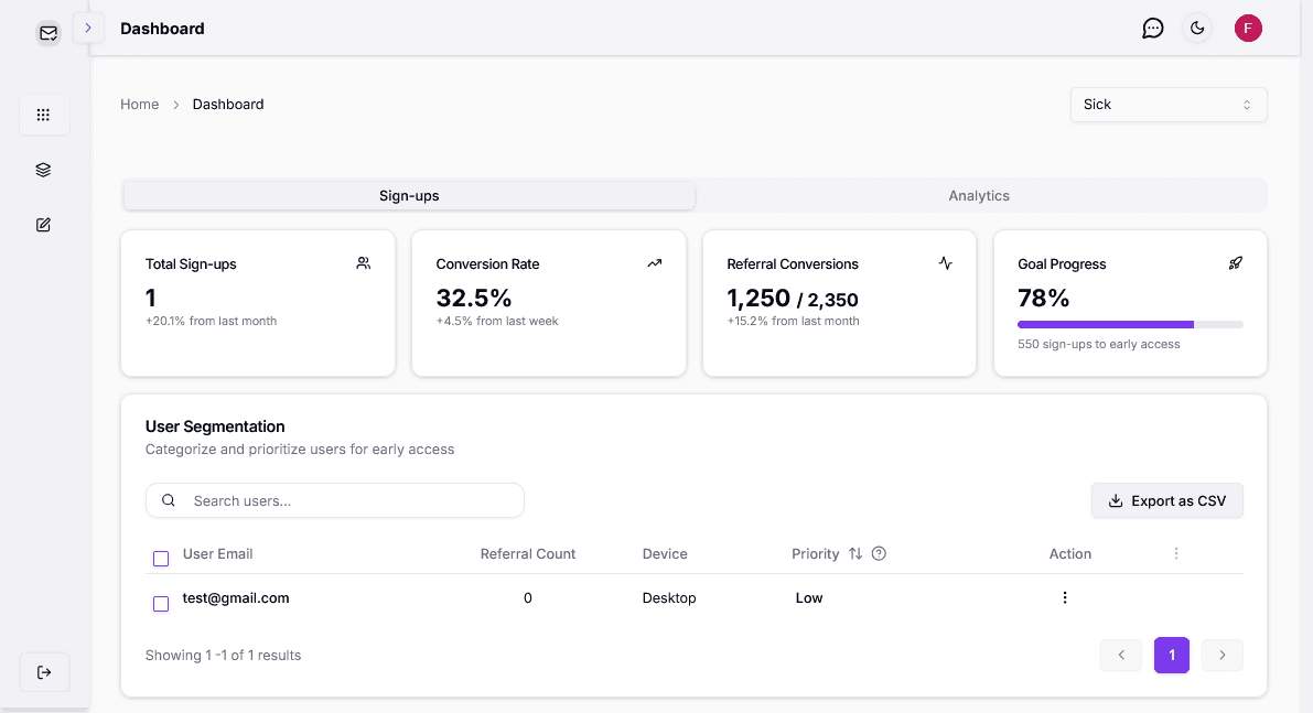 Waitlyze Sign Up Dashboard